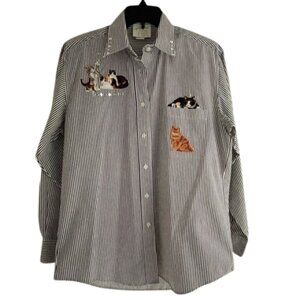 Vintage Oversized Striped Cat Shirt with Studded Collar Women’s oversized Small